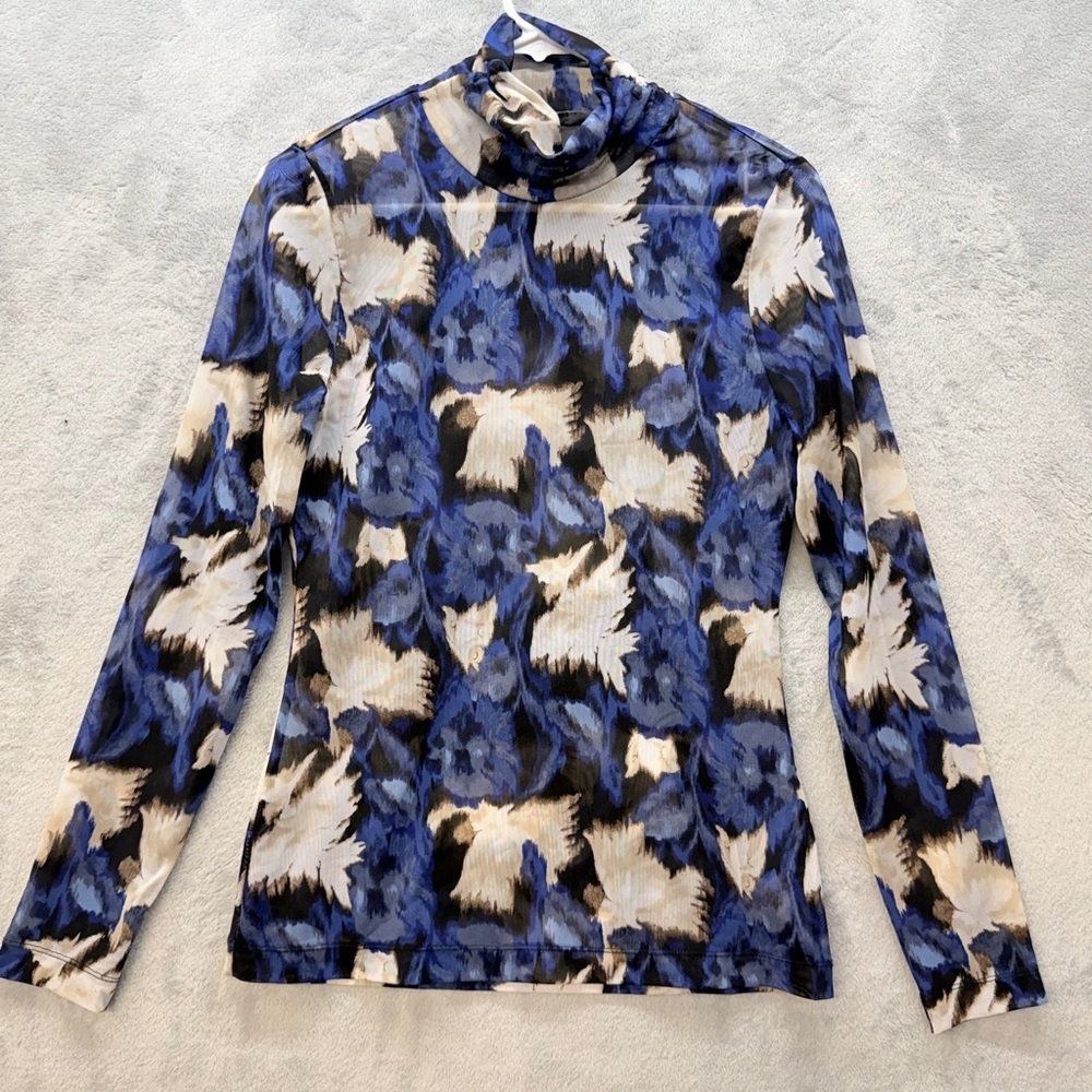 White House Black Market Top Size Small Floral Blue Black Sheer Long Sleeve